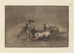 Een Spaanse ridder doodt de stier nadat hij zijn paard heeft verloren door Francisco de Goya