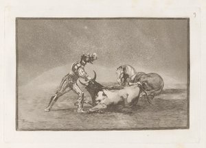Een Spaanse ridder doodt de stier nadat hij zijn paard heeft verloren, Plaat 9 uit La tauromaquia door Francisco de Goya