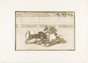 Een picador wordt van zijn paard geworpen en valt onder de stier, plaat 26 uit De kunst van het stierenvechten door Francisco Jose de Goya y Lucientes