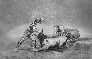 Een Spaanse ridder doodt de stier nadat hij zijn paard heeft verloren, plaat 9 van 