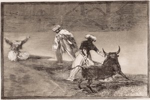 Stierengevecht: De Moren spelen de cape met een andere stier in een omheining door Francisco de Goya
