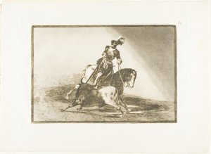 Karel V steekt een stier in de ring in Valladolid, plaat tien uit De kunst van het stierenvechten door Francisco Jose de Goya y Lucientes
