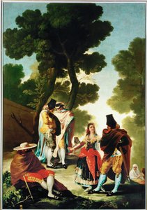 La maja y los Embozados - de maja en de gemaskerde mannen, cartoon voor het wandtapijt 40-06-09/42 ... (schilderij op doek) door Francisco Jose de Goya y Lucientes