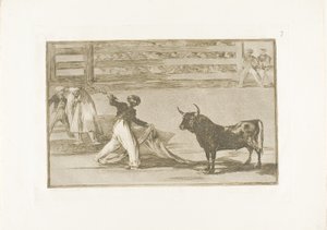 Oorsprong van de harpoenen of banderillas, plaat zeven uit De Kunst van het Stierenvechten door Francisco Jose de Goya y Lucientes