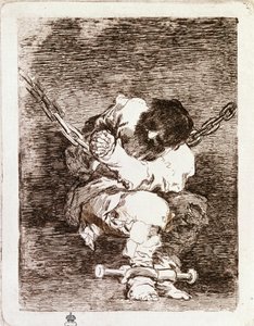 Gevangene ketting zittend - Veiligheid is net zo barbaars als de misdaad. (gravure)