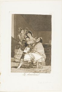 Zij plukt hem kaal, plaat 35 uit Los Caprichos door Francisco Jose de Goya y Lucientes