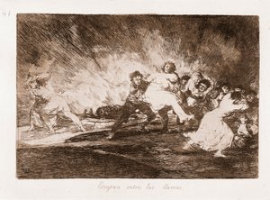 De rampen van de oorlog: Ze ontsnappen door de vlammen (ets van tekening) door Francisco de Goya