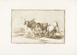De Moren hadden zich in Spanje gevestigd, gaven de bijgelovigheden van de Koran op, namen deze jachtkunst over en spietsen een stier in het open veld, plaat drie uit De Kunst van het Stierenvechten door Francisco Jose de Goya y Lucientes