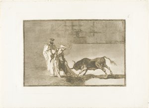 De Moren maken een ander spel in de ring en roepen de stier met hun burnous, plaat zes uit De kunst van het stierenvechten door Francisco Jose de Goya y Lucientes