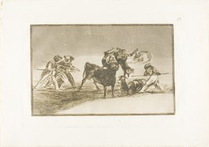De Moren gebruiken ezels als een barrière om zichzelf te verdedigen tegen de stier wiens hoorns zijn voorzien van ballen, plaat 17 uit De Kunst van het Stierenvechten door Francisco Jose de Goya y Lucientes