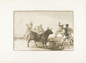 Het Gepeupel Hamstringt de Stier met Lansen, Sikkels, Banderillas en Andere Wapens, plaat twaalf uit De Kunst van het Stierenvechten door Francisco Jose de Goya y Lucientes