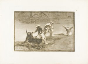 Ze spelen een ander met de cape in een omheining, plaat vier uit De Kunst van het Stierenvechten door Francisco Jose de Goya y Lucientes