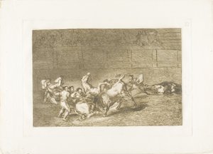 Twee teams van picadors achter elkaar geworpen door een enkele stier, plaat 32 uit De Kunst van het Stierenvechten door Francisco Jose de Goya y Lucientes
