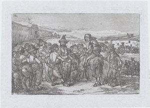 Plaat 14: een grote groep mensen buiten, mogelijk een groep acteurs, uit de serie
