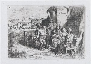 Plaat 16: een groep mensen buiten, waaronder een man die wijn of water uit een vat schenkt..., 1850 door Francisco Lameyer Berenguer