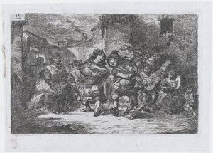 Blad 17: straatmuzikanten en dansende figuren, uit de serie gebruiken en tijdverdrijf