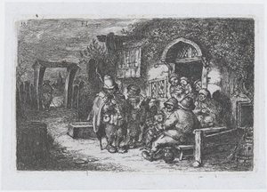 Plaat 18: straatmuzikanten en andere figuren buiten een taverne, uit de serie gebruiken door Francisco Lameyer Berenguer