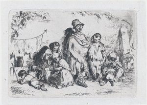 Plaat 2: een groep mensen op straat, mogelijk bedelaars, uit de serie van gebruiken en..., 1850 door Francisco Lameyer Berenguer