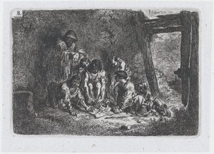 Plaat 8: een groep figuren waarvan sommigen een spel spelen, uit de serie gewoonten en..., 1850 door Francisco Lameyer Berenguer