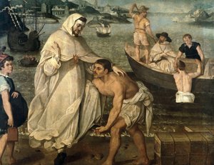 Sint Petrus Nolasque (1189-1256) gaat aan boord om christelijke gijzelaars te bevrijden die door Moorse piraten als slaven naar Afrika worden verkocht (schilderij)