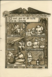 Illustratie door Francisco Sancha Lengo (1874-1936) - Vliegend blad, circa 1915 - El mal que no se cura es la locura - Oorlog van 14-18, Duitsland Pruisen, Verstikkend gas, Spaanse taal, Buitenlandse pers door Francisco Sancha y Lengo