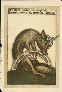 Illustratie van Francisco Sancha Lengo - Vliegend blad, ca. 1915 - Mucho sabe la zorra pero mal el que la toma - Oorlog van 14-18, Duitsland Pruisen, Belligeranten en symbolen, Geallieerden, Spaanse taal, Buitenlandse pers - Vos -, Obstructie, Animatie door Francisco Sancha y Lengo