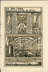 Illustratie van Francisco Sancha Lengo - Vliegend blad, circa 1915 - En casa llena presto se guisa la cena - Oorlog van 14-18, Kanonnen, granaten, Industriële fabrieken, Spaanse taal, Mobilisatie, Buitenlandse pers door Francisco Sancha y Lengo