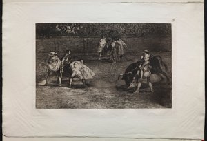 Stierengevechten: Een stierenvechter op de schouders van een assistent, die een stier spiest, 1876