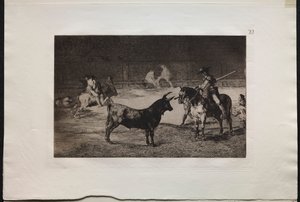 Stierengevechten: De Beroemde Picador, Fernando del Toro, Lokt het Woeste Beest met Zijn Piek door Francisco de Goya