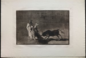 Stierengevechten: De Moren maken een ander spel in de ring en roepen de stier met de burnous door Francisco de Goya