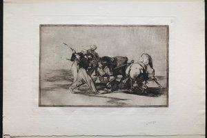Stierengevechten: De Moren die zich in Spanje Vestigden, Gaven de Bijgeloof van de Koran op, Namen deze Kunst van Jagen aan, en Spietsen een Stier in het Open door Francisco de Goya