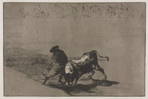 Stierengevechten: De zeer bekwame student van Falces, gewikkeld in zijn cape, bedriegt de stier..., 1876 door Francisco de Goya