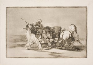 De Moren die zich in Spanje vestigden en de bijgelovigheid van de Koran opgaven, leerden deze kunst om een stier op de vlakte te jagen en te spietsen door Francisco de Goya