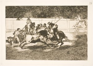 De krachtige Rendon steekt een stier met de lans, het incident dat zijn dood veroorzaakte in de arena van Madrid