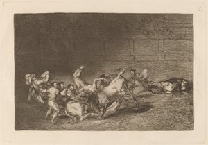 Dos grupos de picadores arrollados de seguida por un solo toro door Francisco de Goya