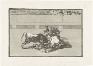 Een picador is van zijn paard gestoten en ligt onder de stier door Francisco de Goya