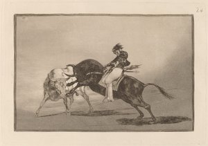 El mismo Ceballos montado sobre otro toro quiebra rejones en la plaza de Madrid door Francisco de Goya
