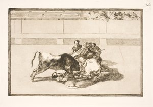 Een picador wordt van zijn paard geworpen en valt onder de stier door Francisco de Goya