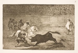 Een Spaanse ruiter breekt korte speren met hulp van zijn secondanten door Francisco de Goya