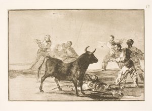 Het volk steekt de stier met lansen, sikkels, banderilla