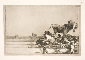 Vreselijke gebeurtenissen op de voorste rijen in de arena van Madrid en de dood van de burgemeester van Torrejon door Francisco de Goya