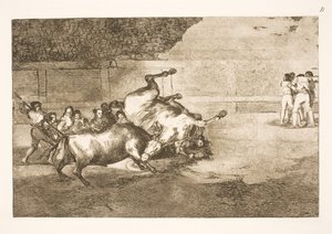 Paard wordt door een stier tegen de grond geslingerd door Francisco de Goya