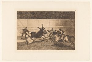 Man gespiest aan de hoorn van een stier door Francisco de Goya