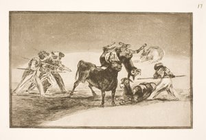 De Moren gebruiken ezels als barrière om zich te verdedigen tegen de stier, waarvan de hoorns zijn voorzien van ballen door Francisco de Goya