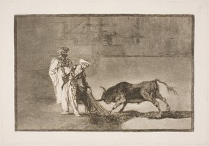 Moren in de arena proberen de stier aan te trekken met hun burnus door Francisco de Goya