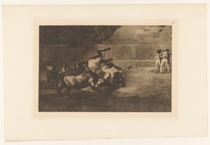 Paard omver gegooid door een stier door Francisco de Goya