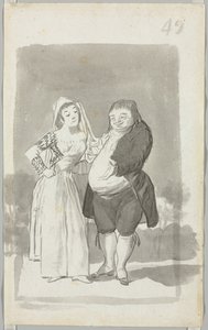 Prostituee die een dikke, lelijke man verleidt recto, jonge vrouw die haar handen wringt...verso, 1796-97 door Francisco de Goya