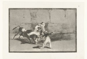 Stier wordt gegrepen door stierenvechters door Francisco de Goya
