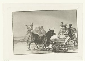 Stierenvechters rondom een stier door Francisco de Goya