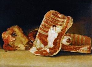 Stilleven van schapenribben en hoofd De slagers toonbank door Francisco de Goya
